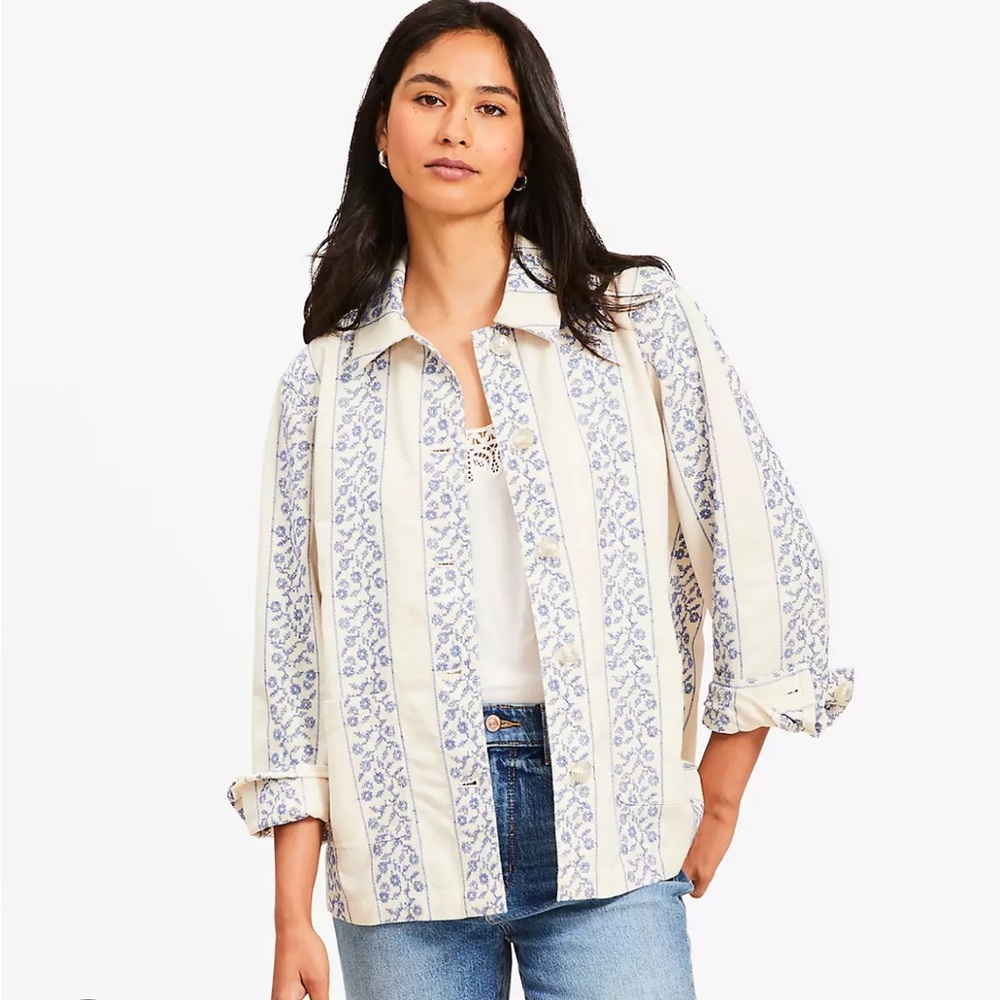 LOFT Cream Button-Down Shirt with Blue Floral Stripes